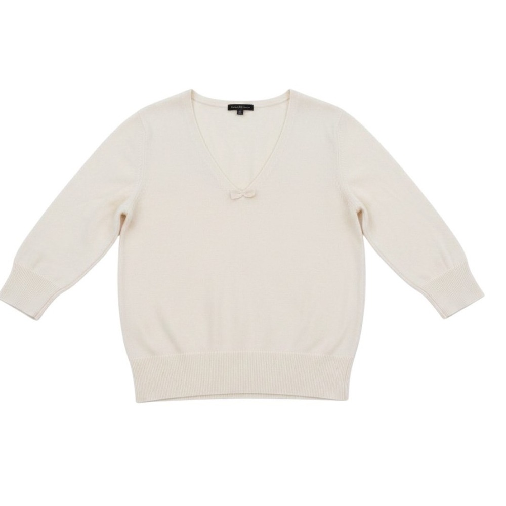 Ann Taylor 100% Cashmere Sweater Women XL Ivory Cream V-Neck Bow 3/4 Sleeve Cozy